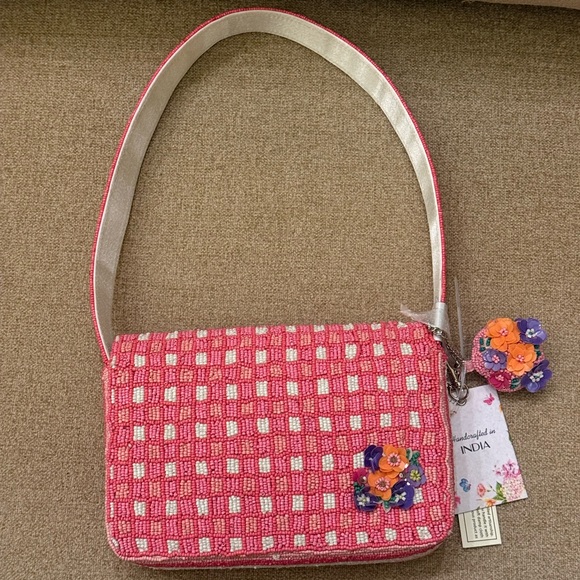 NWT Floral Flower Checkered Square Pattern Abstract Beaded Bag Made in India